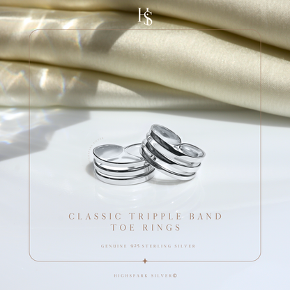 Classic Triple Band Toe Rings - Band Rings - 925 Sterling Silver - 2 Pieces