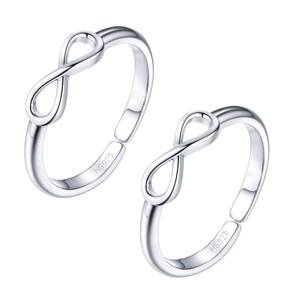 A pair of adjustable toe rings with an infinity symbol motif, crafted in polished sterling silver and shown on a white background.
