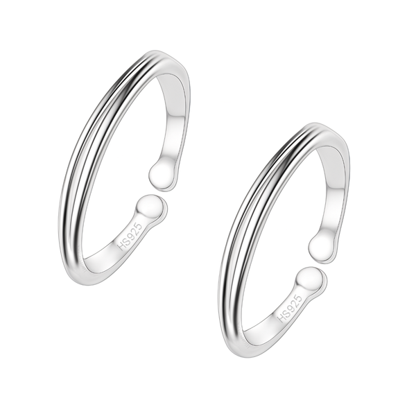 A pair of adjustable double-line band toe rings in polished 925 sterling silver, shown on a plain white background.