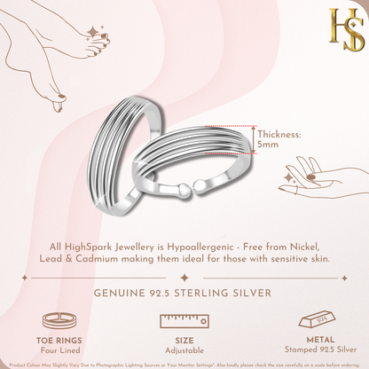 Timeless Four Line Toe Rings - Band Rings - 925 Sterling Silver - 2 Pieces