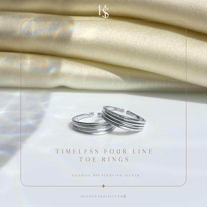 Timeless Four Line Toe Rings - Band Rings - 925 Sterling Silver - 2 Pieces