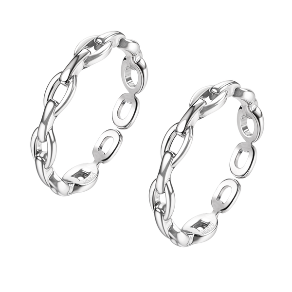 A pair of adjustable toe rings with a polished link chain design, crafted in sterling silver and shown on a white background.