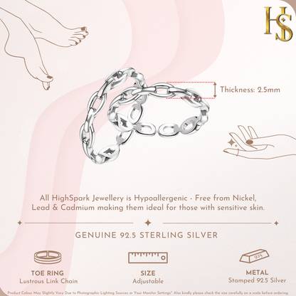 Lustrous Link Chain Toe Rings - Adjustable in 925 Sterling Silver - 2 Piece