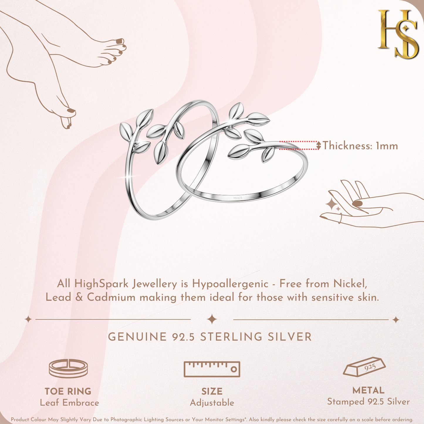 Leaf Embrace Toe Rings - Adjustable in 925 Sterling Silver - 2 Piece