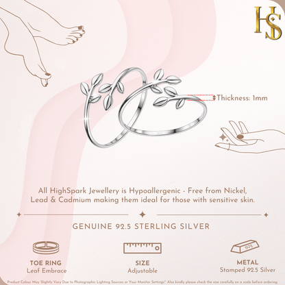 Leaf Embrace Toe Rings - Adjustable in 925 Sterling Silver - 2 Piece