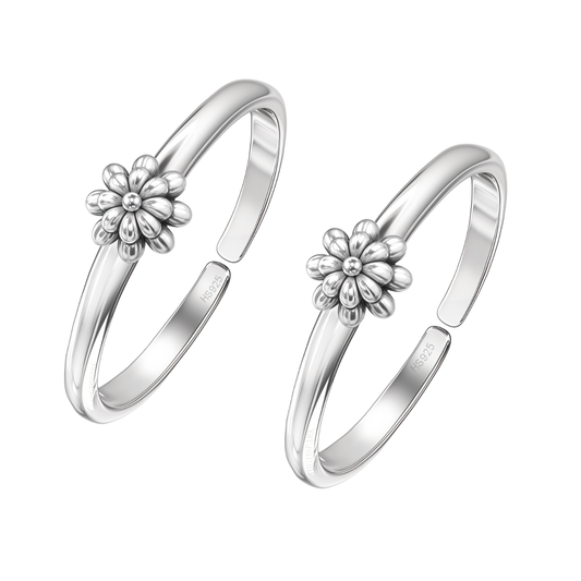 Blooming Daisy Toe Rings - Adjustable in 925 Sterling Silver - 2 Piece