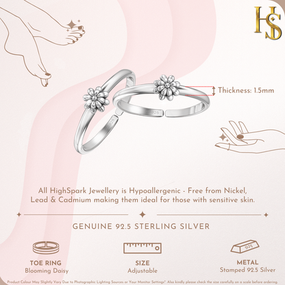 Blooming Daisy Toe Rings - Adjustable in 925 Sterling Silver - 2 Piece