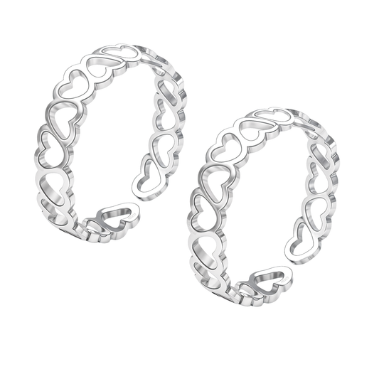 Connected Heart Toe Rings - Adjustable in 925 Sterling Silver - 2 Piece