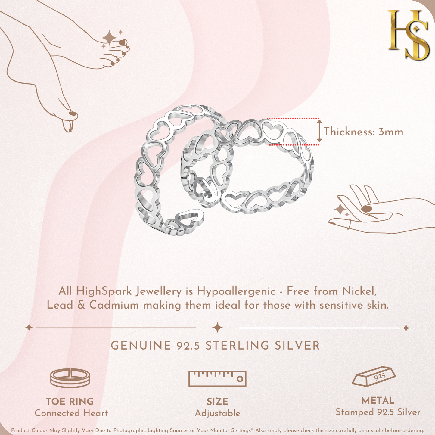 Connected Heart Toe Rings - Adjustable in 925 Sterling Silver - 2 Piece