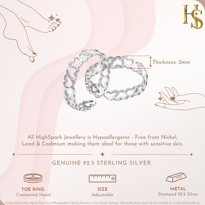 Connected Heart Toe Rings - Adjustable in 925 Sterling Silver - 2 Piece