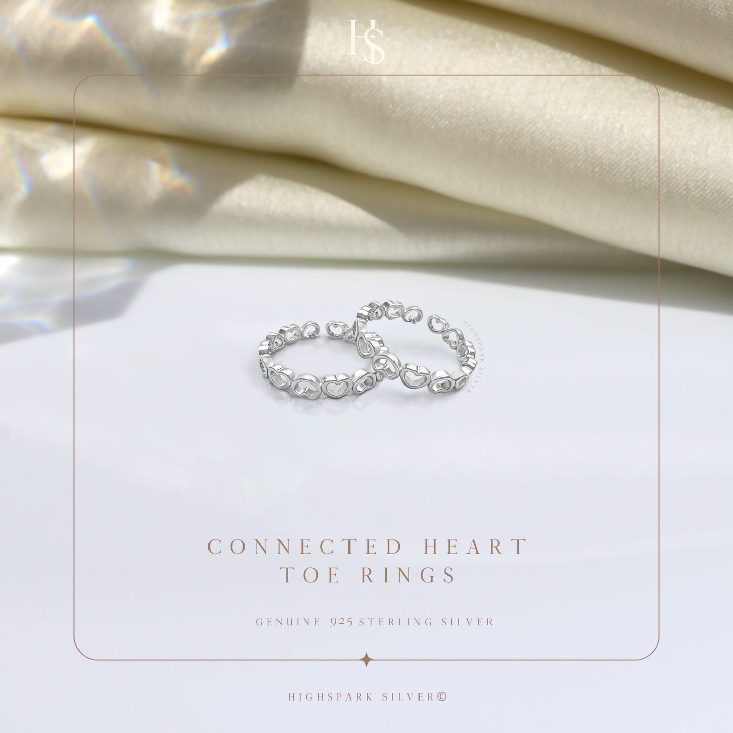 Connected Heart Toe Rings - Adjustable in 925 Sterling Silver - 2 Piece