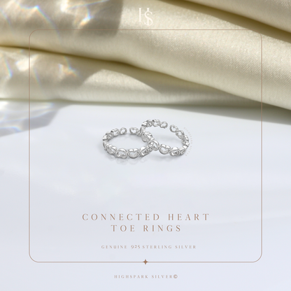 Connected Heart Toe Rings - Adjustable in 925 Sterling Silver - 2 Piece