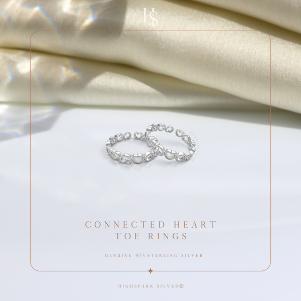 Connected Heart Toe Rings - Adjustable in 925 Sterling Silver - 2 Piece