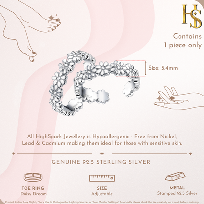 Daisy Dream Toe Rings - Adjustable in 925 Sterling Silver - 2 Piece