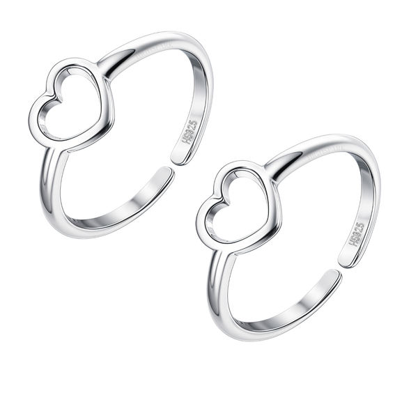 A pair of adjustable toe rings with an open heart motif, crafted in polished 925 sterling silver on a white background.