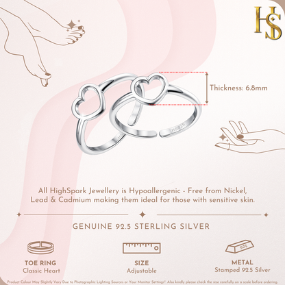 Classis Heart Toe Rings - Adjustable in 925 Sterling Silver - 2 Piece