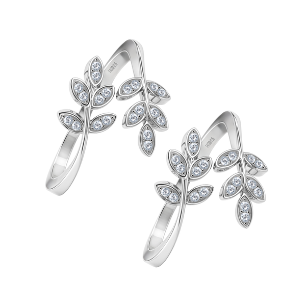 A pair of adjustable sterling silver toe rings with a twin leaf vine motif, each leaf set with tiny American diamonds.