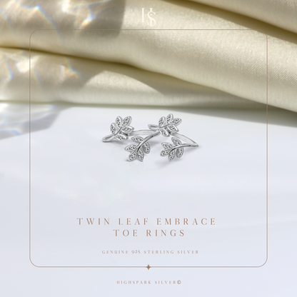 Twin Leaf Embrace Toe Ring - Adjustable in 925 Sterling Silver - 2 Piece
