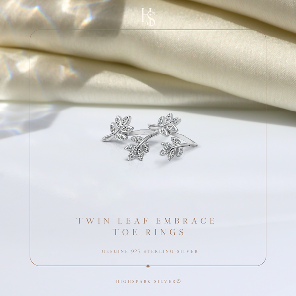 Twin Leaf Embrace Toe Ring - Adjustable in 925 Sterling Silver - 2 Piece
