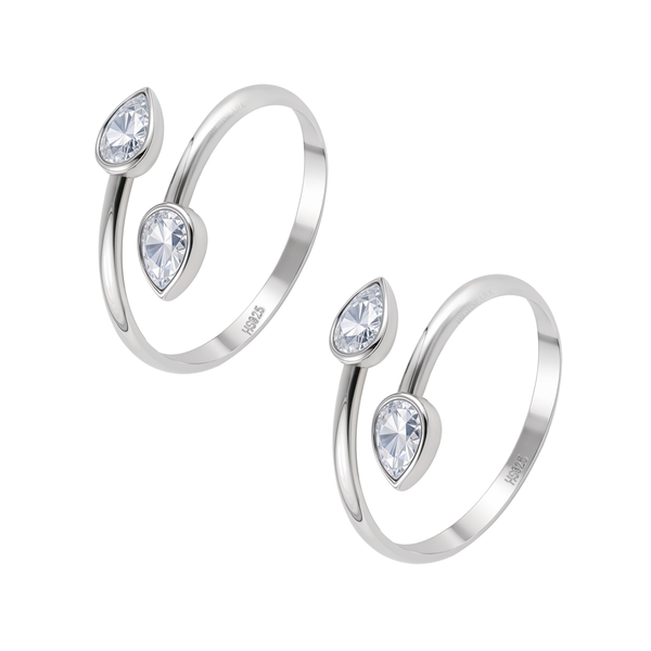 A pair of adjustable sterling silver toe rings, each with an open bypass design ending in two bezel-set, pear-cut American diamonds.