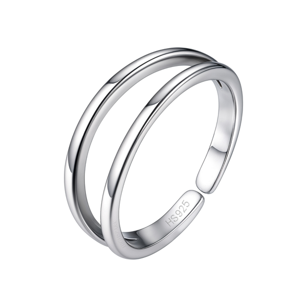 A classic double band toe ring crafted from polished 925 sterling silver, with an open design for an adjustable fit, on a white background.