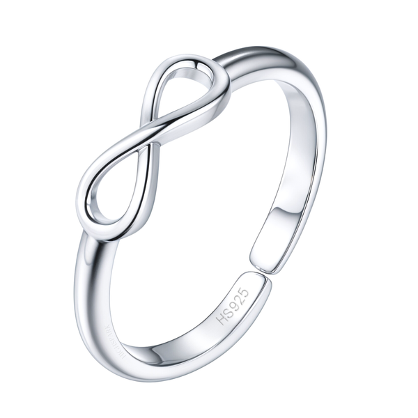 An adjustable toe ring with a polished infinity symbol motif, crafted from 925 sterling silver on a plain white background.