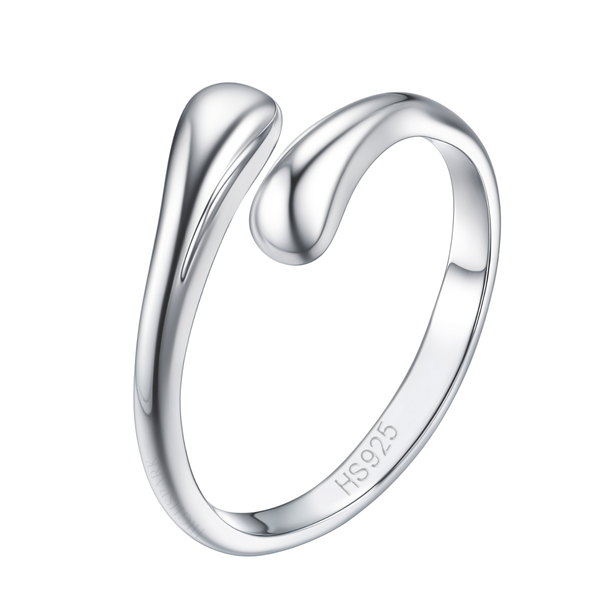 An adjustable sterling silver toe ring with an open band design, featuring two polished dew drop-shaped ends, on a white background.