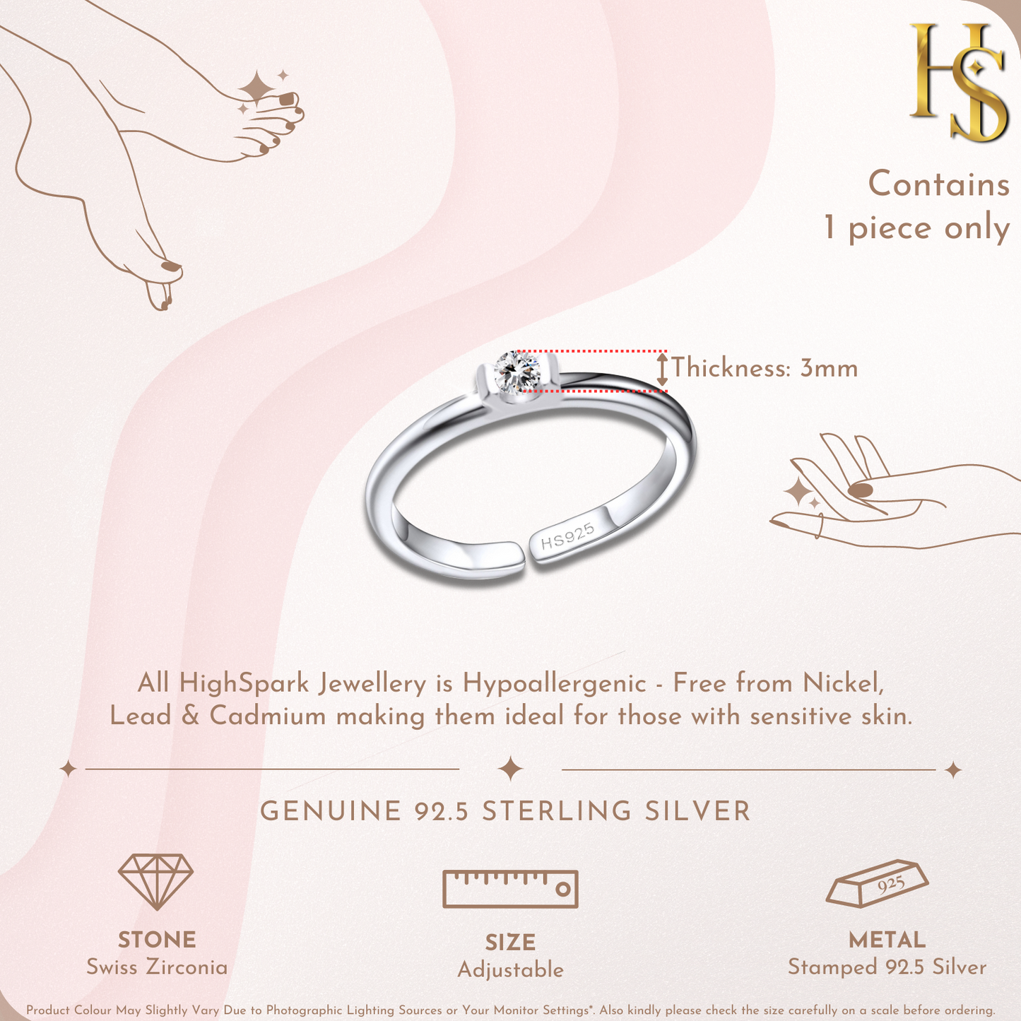 Sparkling Solitaire Toe Ring - Band Ring - 925 Sterling Silver - 1 Piece