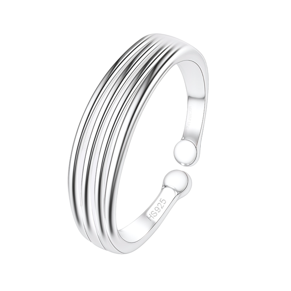An adjustable four-line band toe ring in polished 925 sterling silver with rounded open ends, shown on a white background.