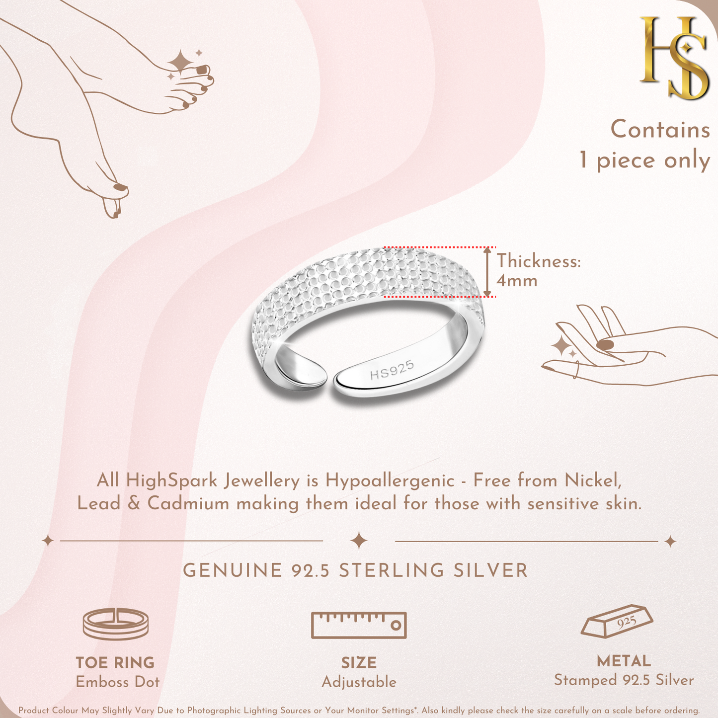 Dotted Embossed Toe Ring - Band Ring - 925 Sterling Silver - 1 Piece