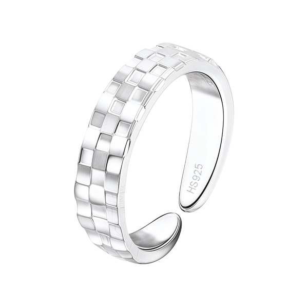 An adjustable sterling silver toe ring with an embossed checkered pattern of alternating brushed and polished squares on a white background.