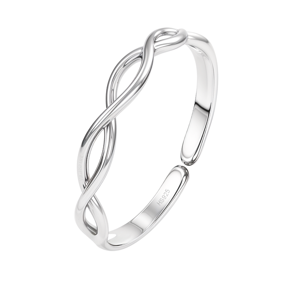 An adjustable toe ring with an intertwined infinity motif, crafted from polished sterling silver and shown on a white background.
