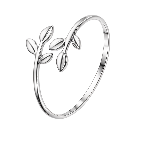 An adjustable sterling silver toe ring with an open design featuring two small branches with polished leaves.