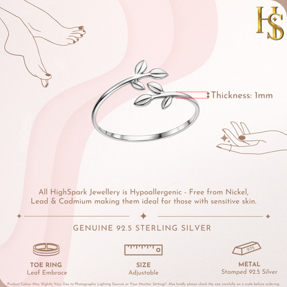 Leaf Embrace Toe Rings - Adjustable in 925 Sterling Silver - 1 Piece