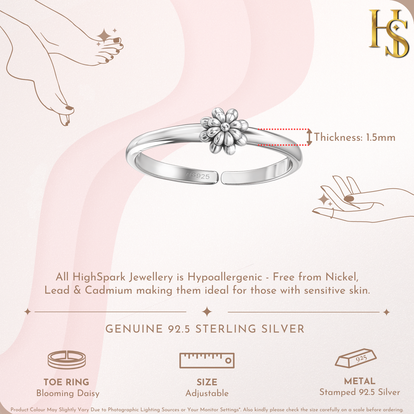 Blooming Daisy Toe Rings - Adjustable in 925 Sterling Silver - 1 Piece