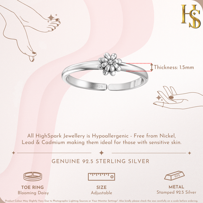 Blooming Daisy Toe Rings - Adjustable in 925 Sterling Silver - 1 Piece