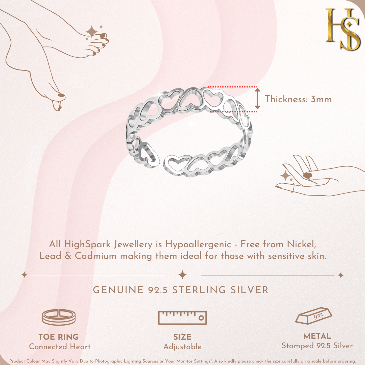 Connected Heart Toe Rings - Adjustable in 925 Sterling Silver - 1 Piece