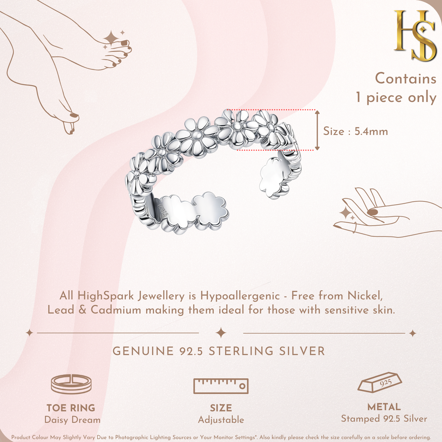 Daisy Dream Toe Rings - Adjustable in 925 Sterling Silver - 1 Piece