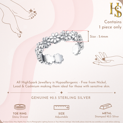 Daisy Dream Toe Rings - Adjustable in 925 Sterling Silver - 1 Piece
