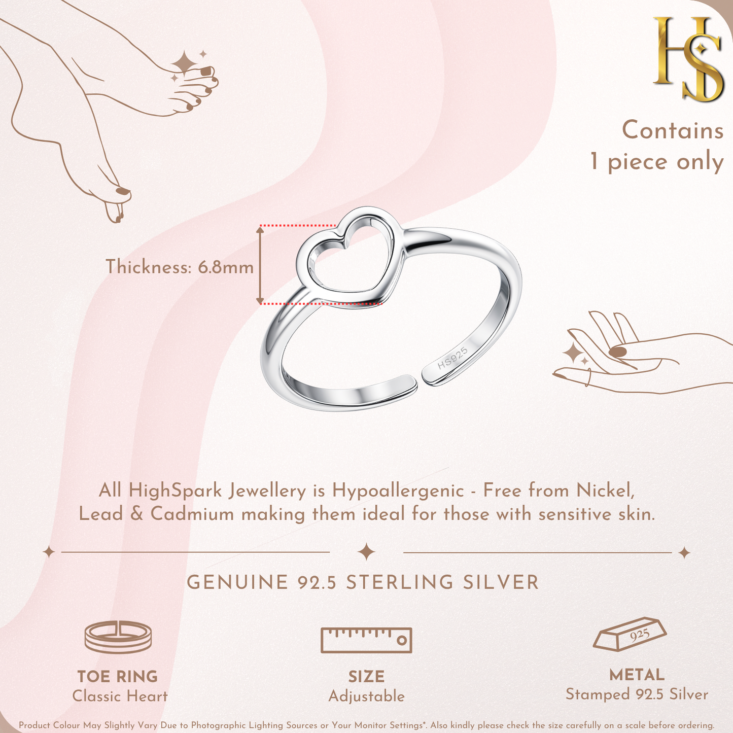 Classis Heart Toe Rings - Adjustable in 925 Sterling Silver - 1 Piece