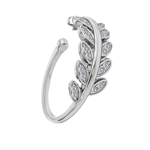 An adjustable toe ring in sterling silver with a vine motif, featuring leaf-shaped elements paved with American diamonds on a plain white.