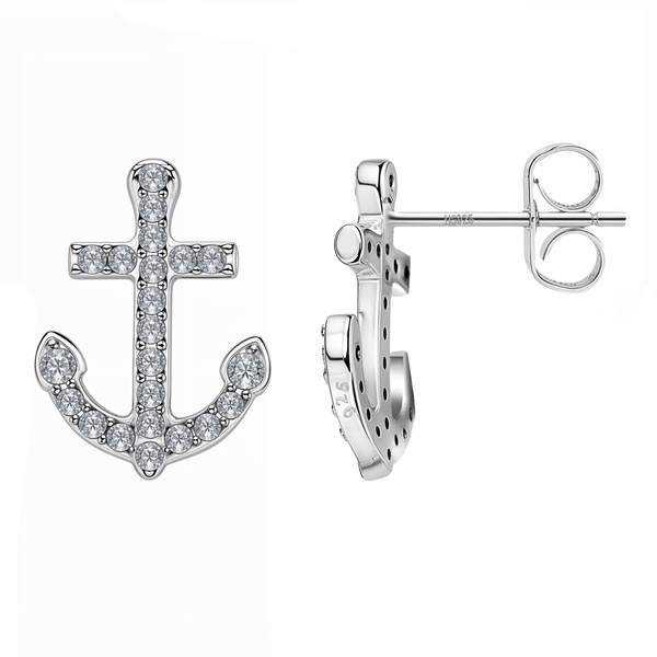 A pair of anchor-shaped stud earrings paved with round American diamonds in sterling silver, shown on a white background.