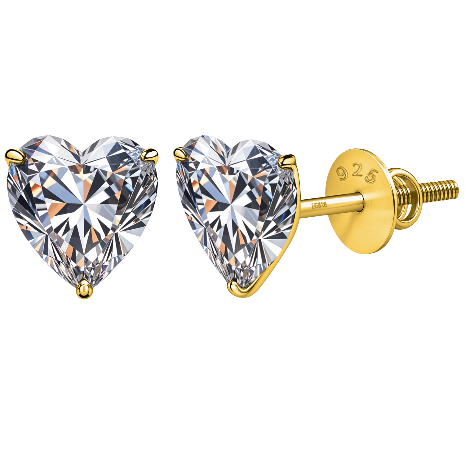 A pair of stud earrings with heart-shaped American diamond solitaires in a three-prong setting with gold-plated screw backs.