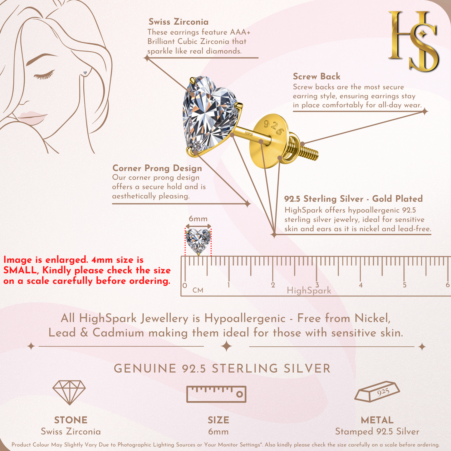 Infographic showing the features of heart-shaped solitaire stud earrings, including the 6mm size, screw back.