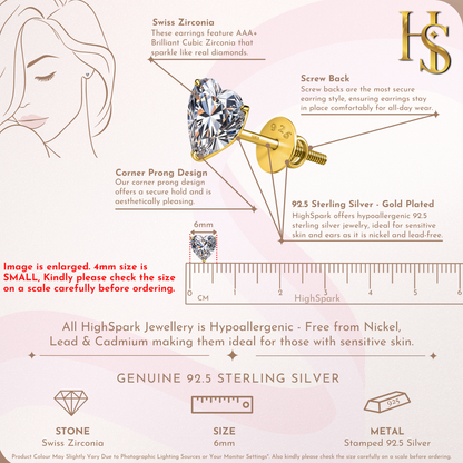 Infographic showing the features of heart-shaped solitaire stud earrings, including the 6mm size, screw back.