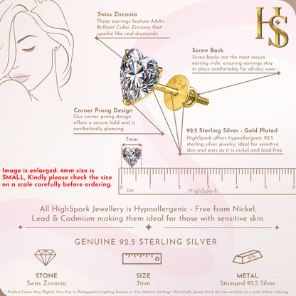 Infographic showing the features of heart-shaped solitaire stud earrings, including the 7mm size, screw back.