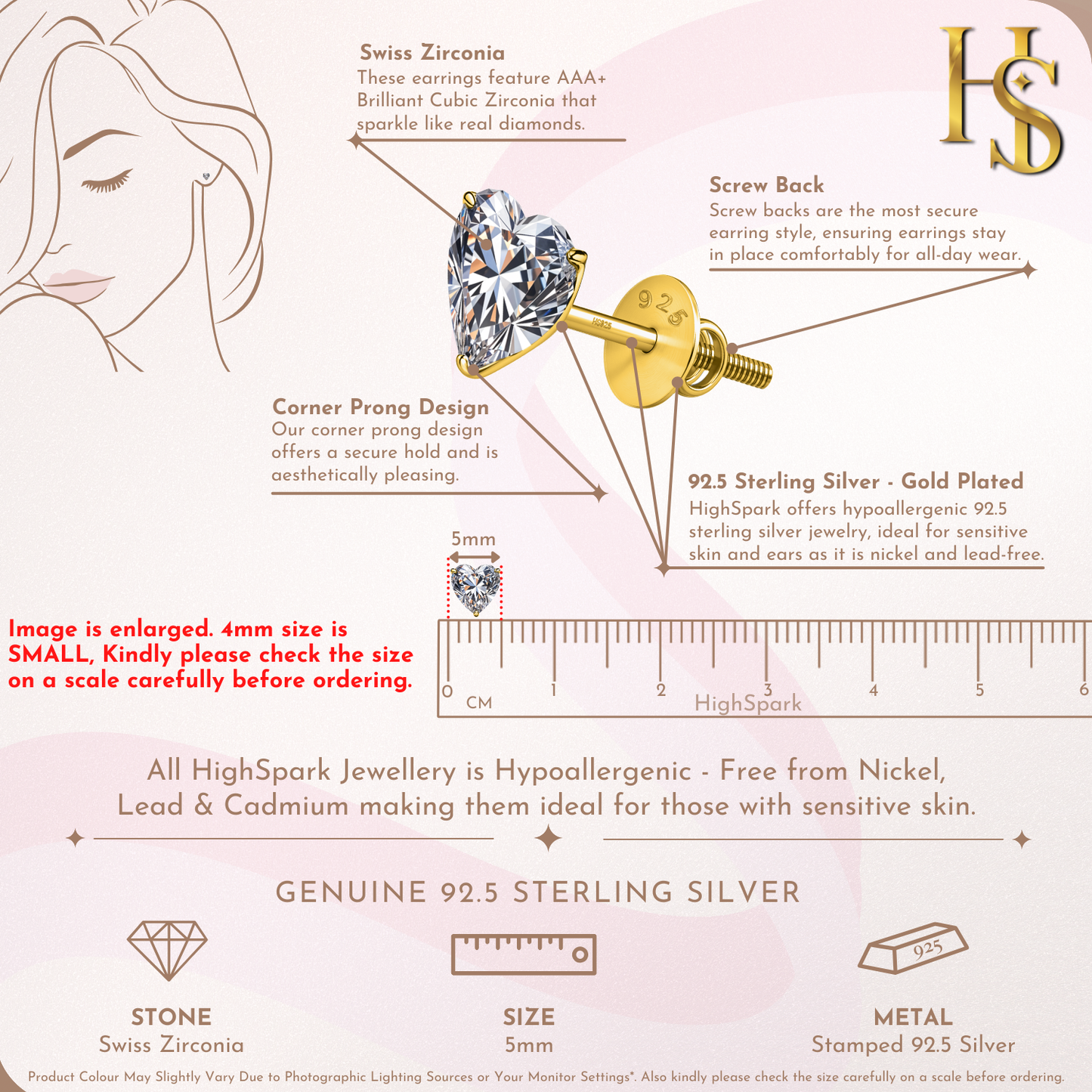 An infographic showing the features of a heart-shaped stud earring, including its 5mm size on a ruler, screw back.