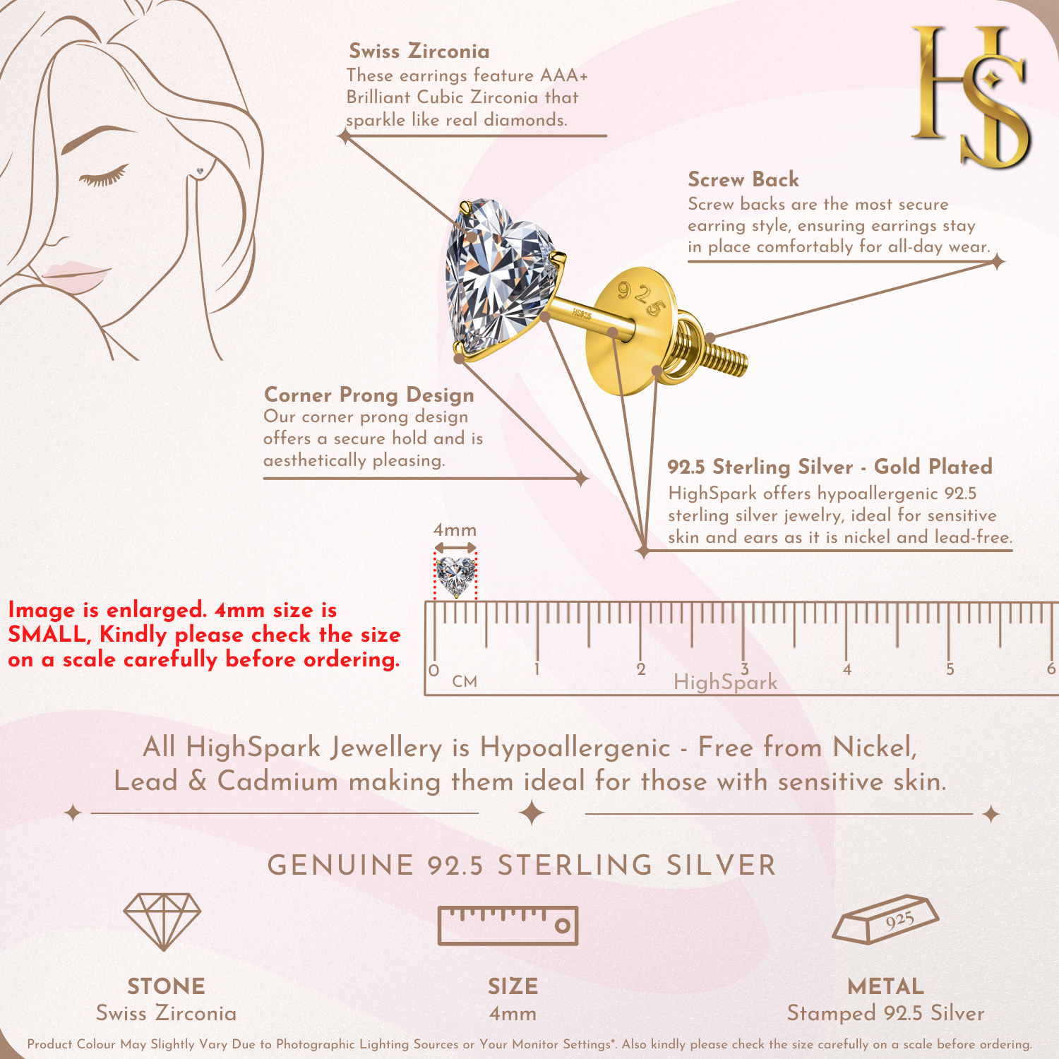 Infographic showing the features of heart-shaped American diamond stud earrings, including the screw back, prong setting.