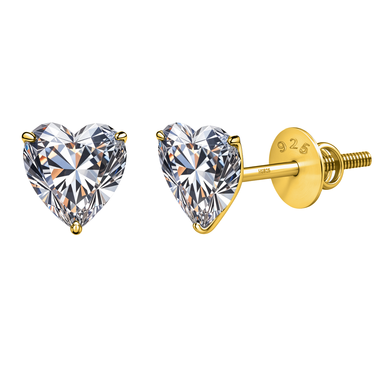 A pair of heart-shaped American diamond stud earrings with a three-prong setting and secure screw backs in gold-plated sterling silver.
