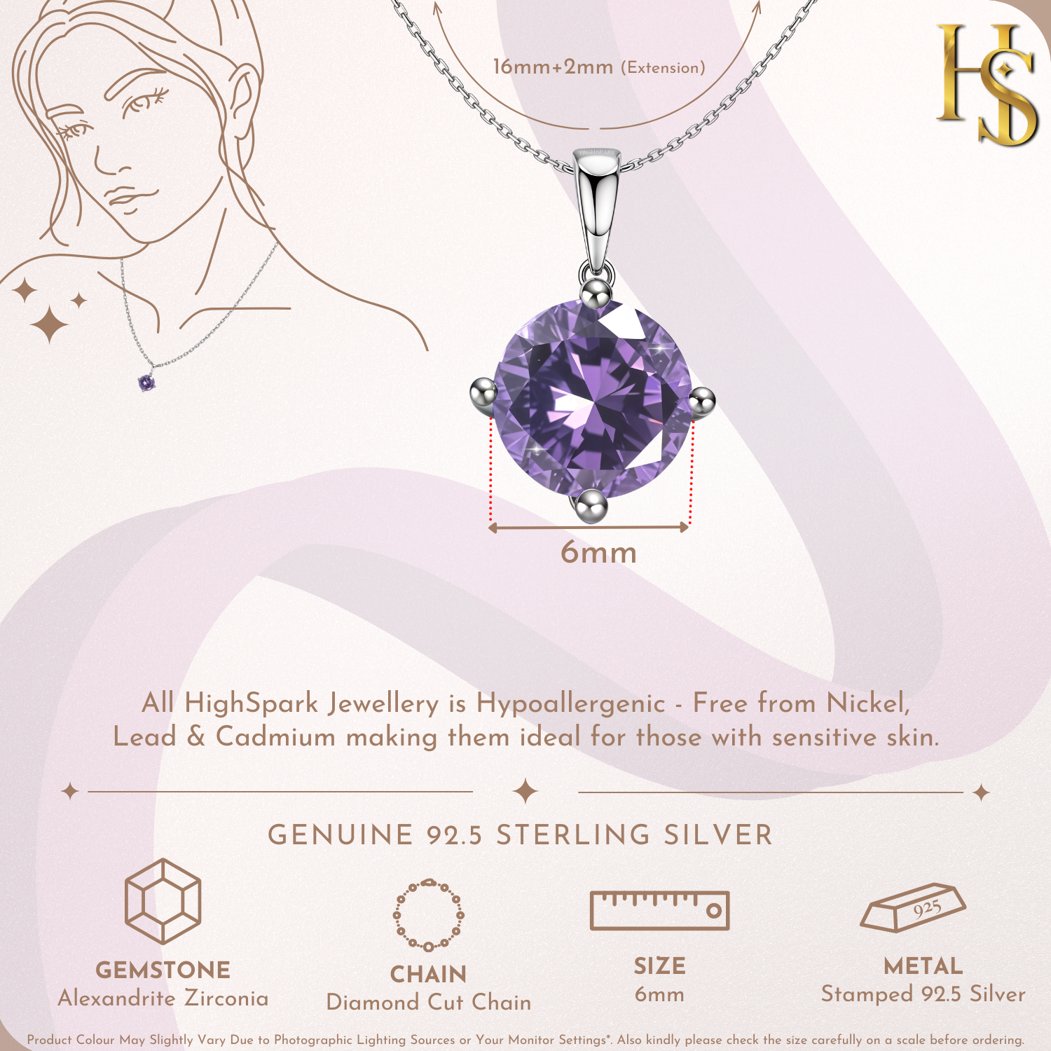 Alexandrite Zirconia Birthstone Pendant With Chain in 925 Sterling Silver For Women HighSpark